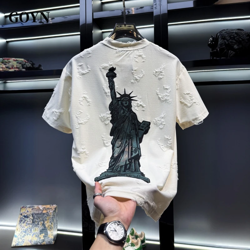 GOYN男士高级感简约刺绣破洞圆领短袖t恤潮流夏季男装宽松休闲T恤