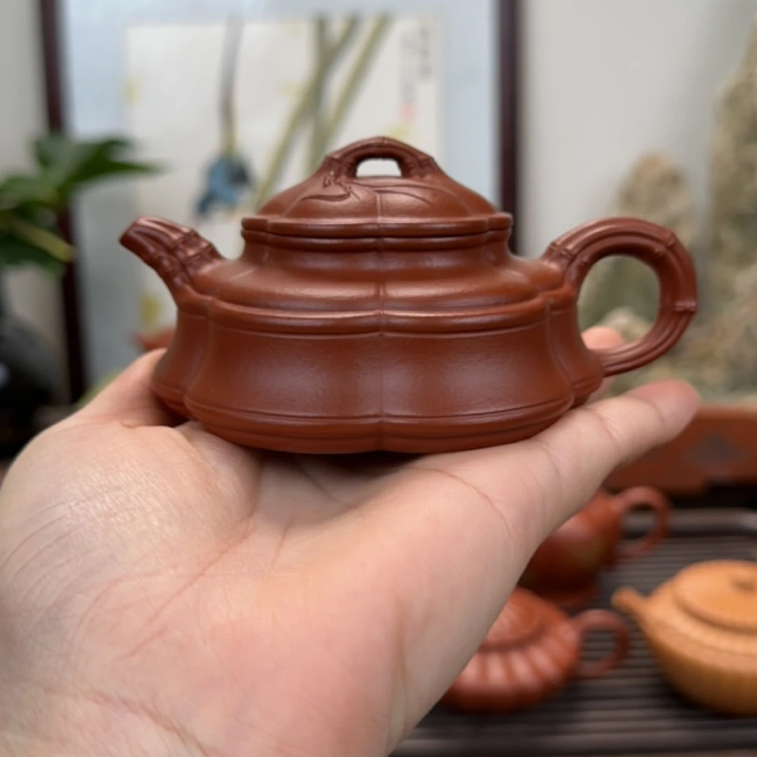 宜兴紫砂原矿朱泥六方隐角竹鼓全手工紫砂壶泡茶茶具