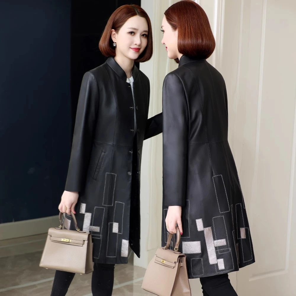 海宁真皮皮衣女2025新款春秋立领显瘦纯绵羊皮妈妈风衣中长款外套