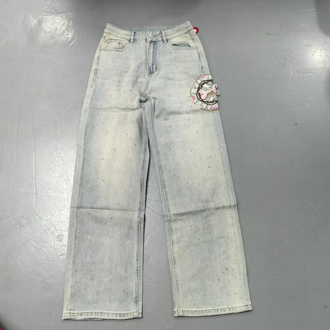 【南油玲姐】蓝色绣花直筒牛仔裤99012