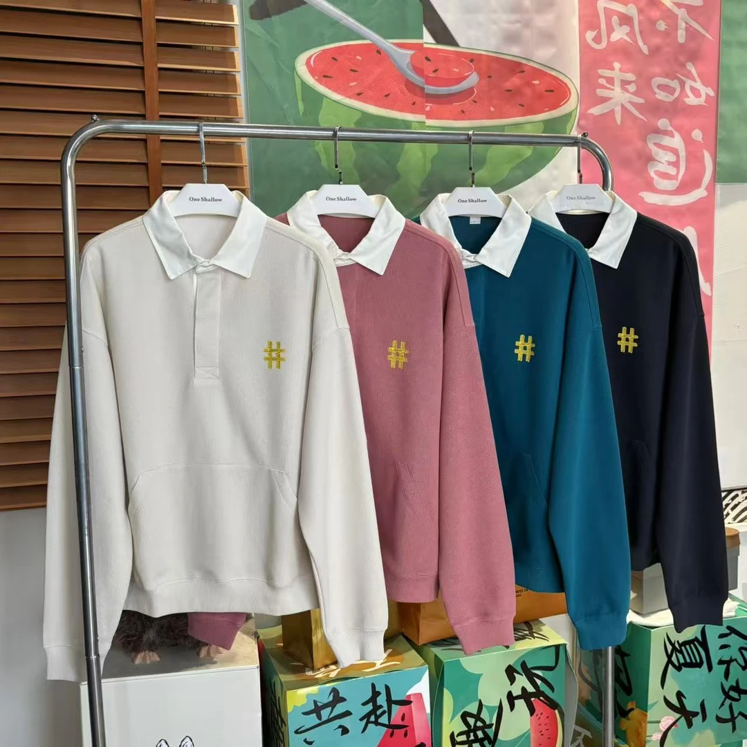 翻领撞色宽松休闲长袖卫衣6409
