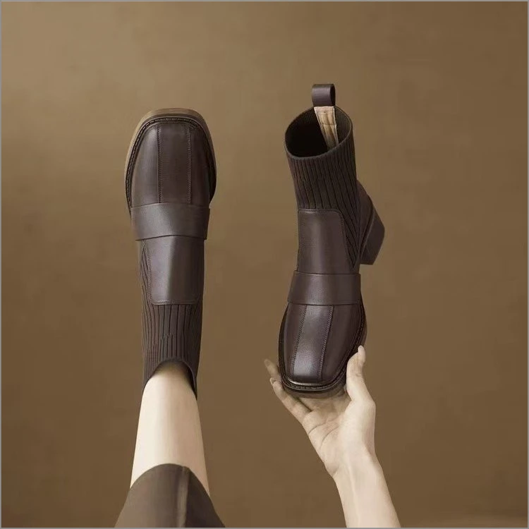 针织筒粗跟短靴时尚英伦风秋冬新款女法式手工靴高跟小个尖头靴