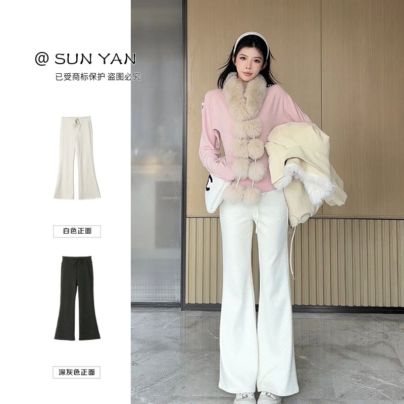 孙妍【暖漪微步】时尚加绒波点面料系带微喇裤脚休闲卫裤女2025冬季