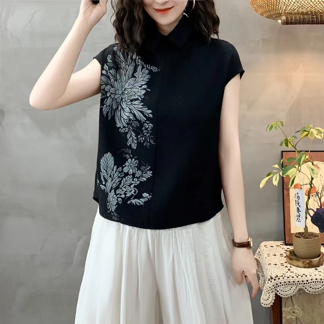 【两面穿】新中式复古印花POLO衫夏季洋气显瘦宽松休闲气质上衣女