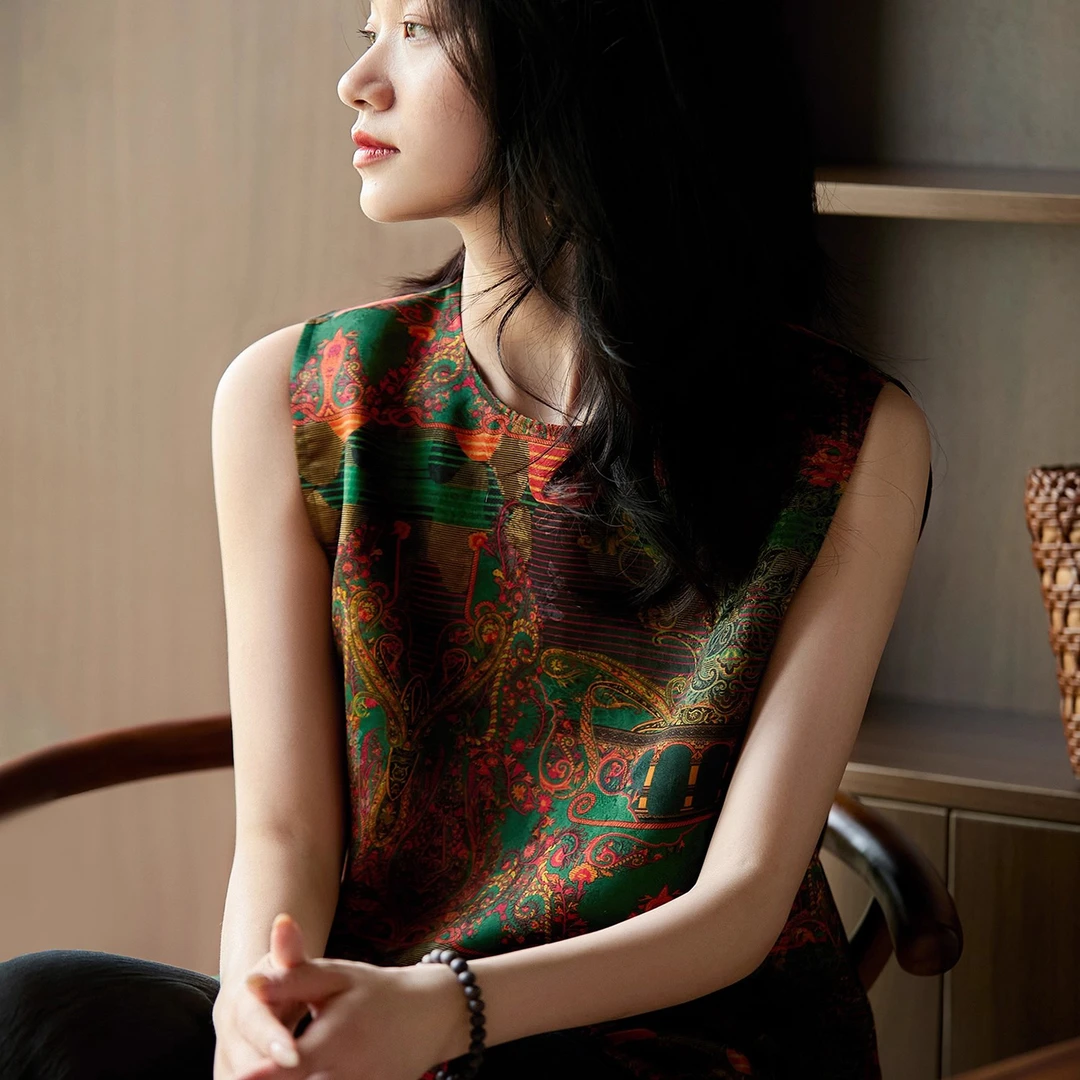 新中式国风异域印花无袖衬衫女2025夏季新款复古百搭禅意唐装上衣