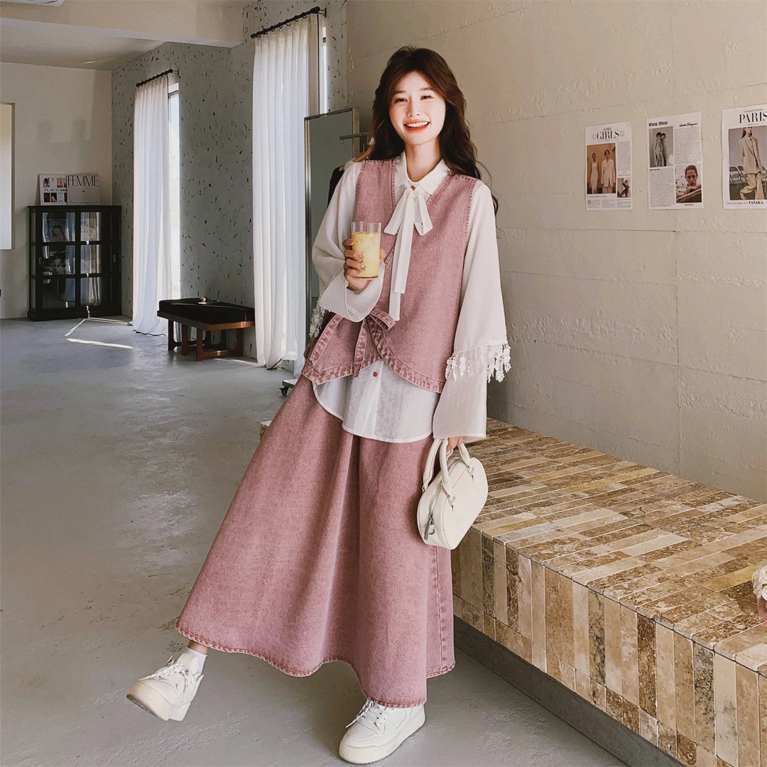 粉色牛仔套装裙女早秋2025新款森系甜美盐系减龄衬衫半身裙两件套