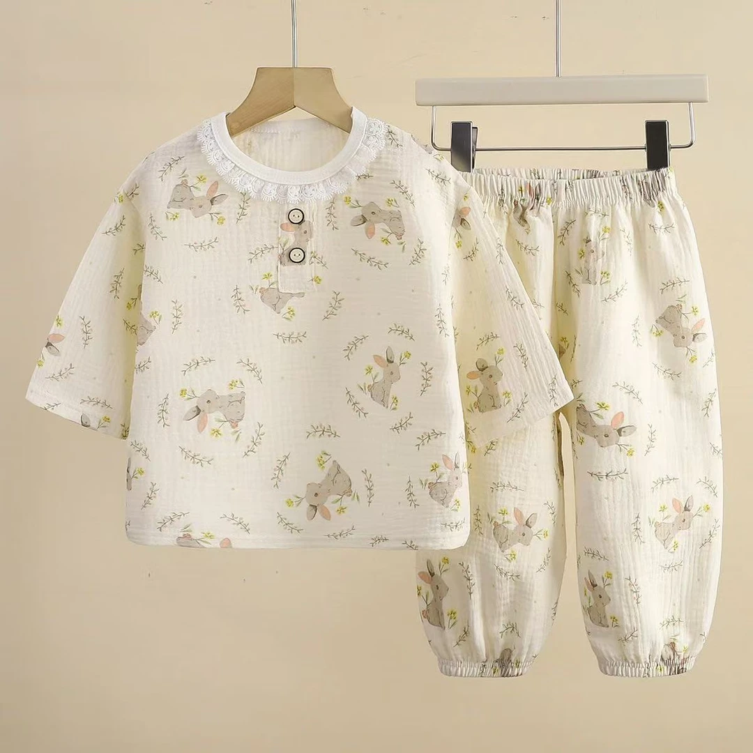 儿童夏季薄款双层棉纱圆领男女童空调服蕾丝花边家居服套装