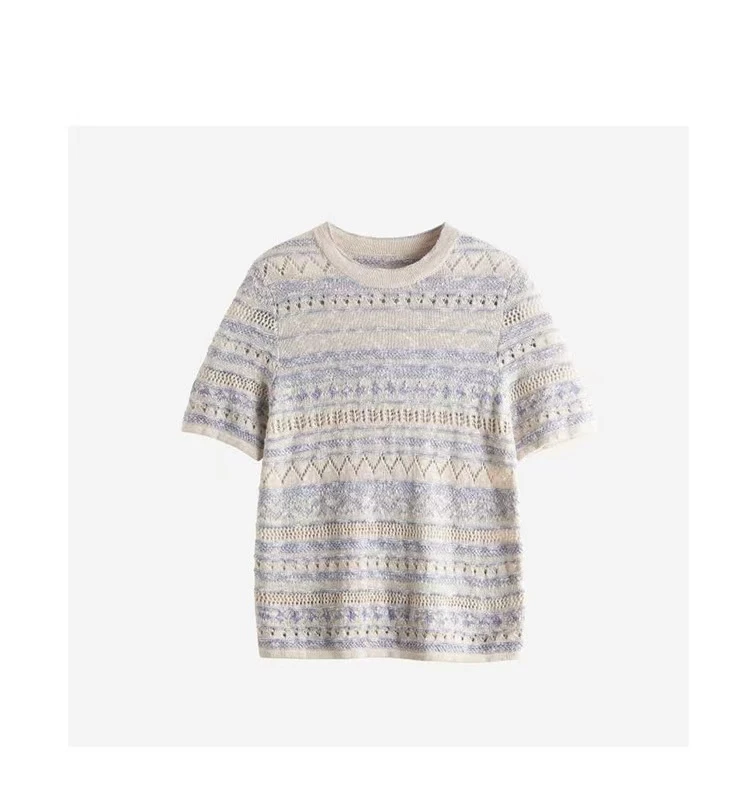 康宝莱特种亚麻大肚纱夏季提花针织短袖女上衣雾蓝月光风格洋气