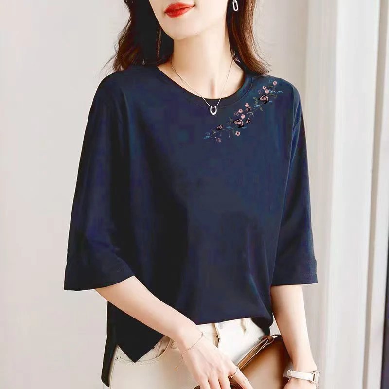 100%纯棉七分袖大版t恤女2025新款春夏上衣女胖mm显瘦遮肉打底衫