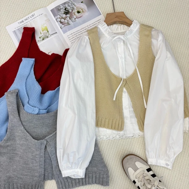 ［精选推荐］新款韩版百搭修身时尚立领花边衬衫针织马甲两件套6218