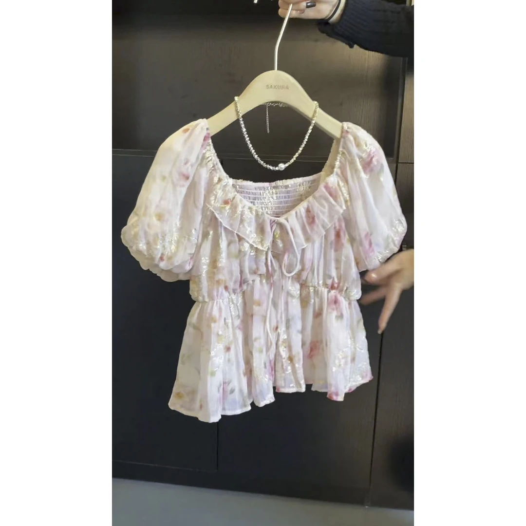 璎婲sᴀᴋᴜʀᴀ【半岛记忆】媛法式荷叶边方领系带泡泡袖甜美碎花衬衫