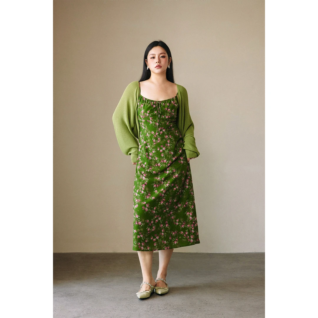 PLUSMALL 绿羽茶香 夏季印花吊带裙仿亚麻毛织开衫套装PM2507054