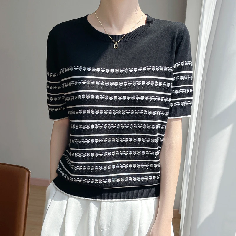 100%莱赛尔天丝钻石镂空条纹短袖-女