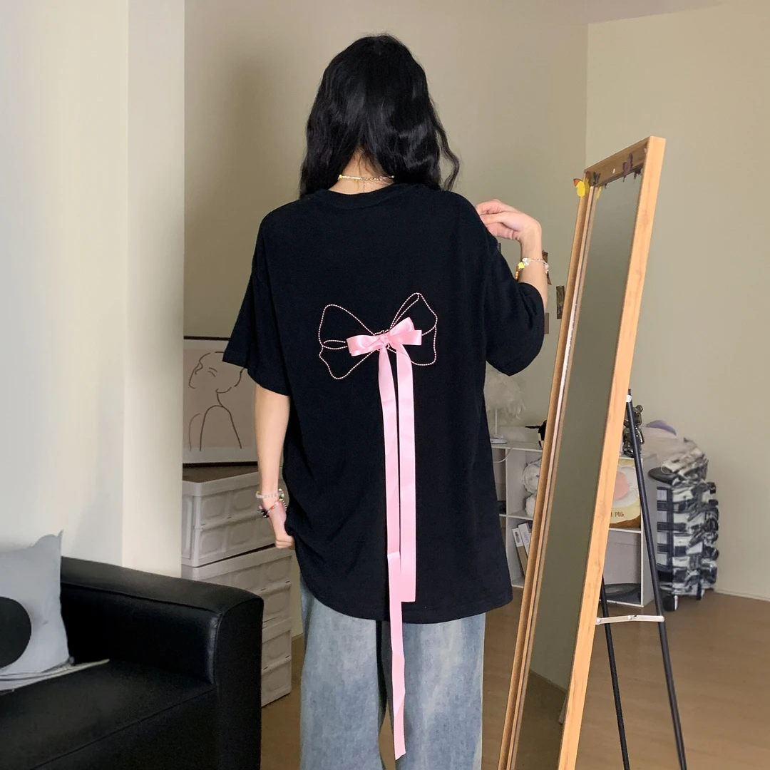 日系后背蝴蝶结飘带纯棉短袖t恤女设计感小众甜妹休闲百搭ins上衣