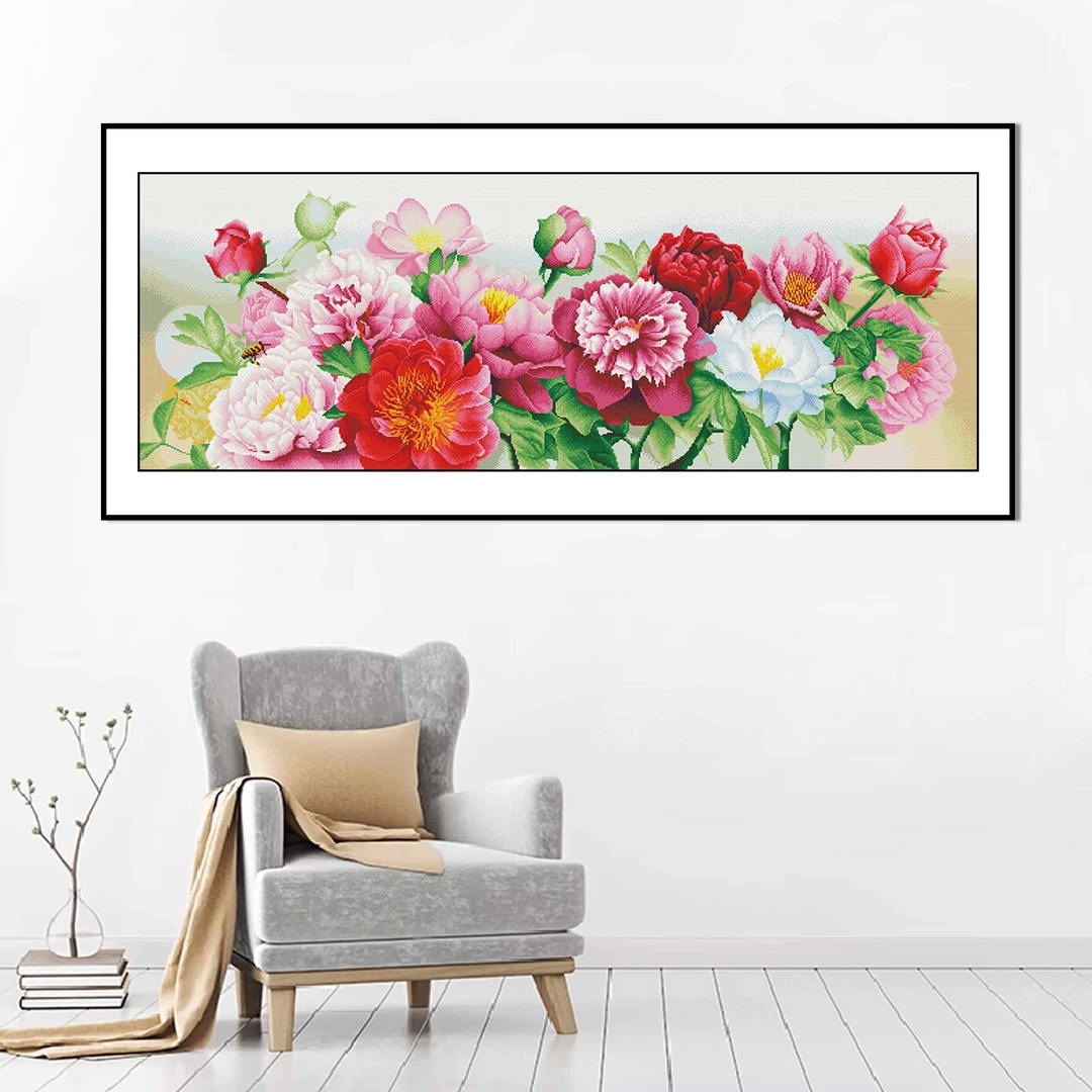 【新疆长绒棉双纱棉】82257盛世牡丹十字绣小格118x49厘米满绣42色