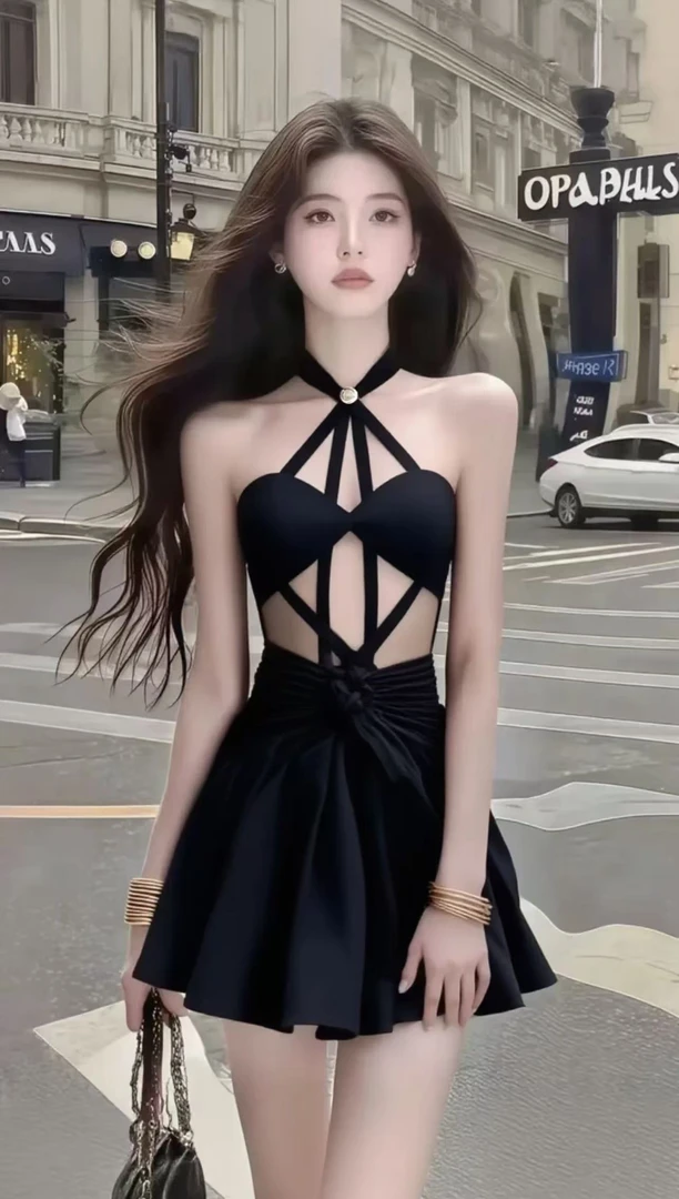 夏季新款轻奢性感辣妹风黑色设计感修身收腰挂脖连衣裙氛围感裙子