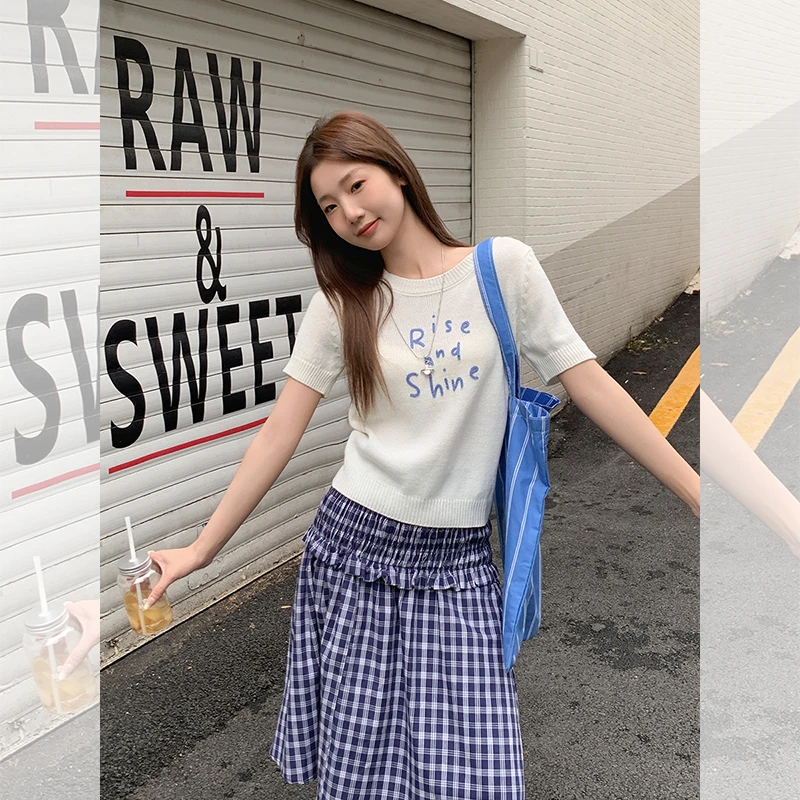 小众修身显瘦上衣韩系字母刺绣正肩小短袖T恤女2025夏季新款百搭