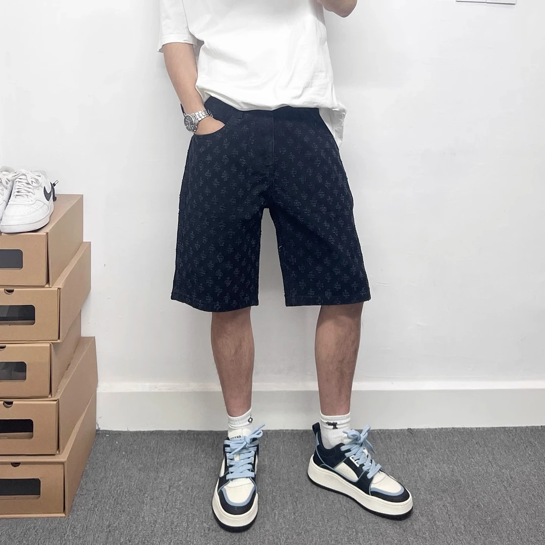 美式高街潮牌男士短裤破洞纯黑色牛仔裤男设计感五分裤男夏季新款