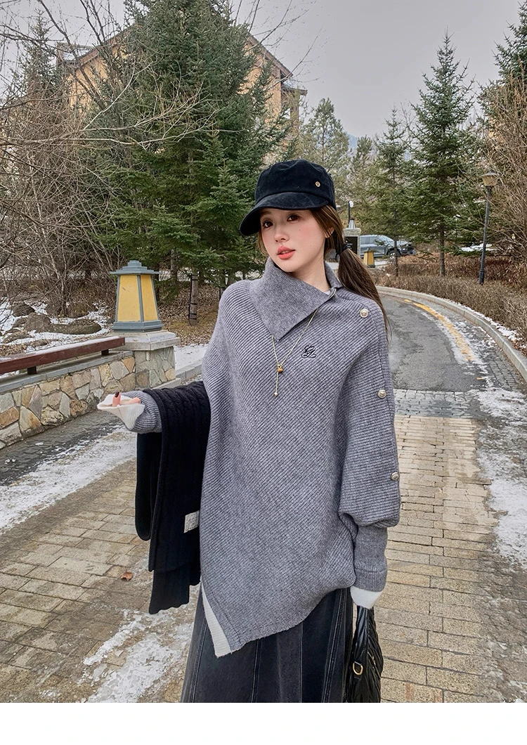 灰色不规则假两件高领套头毛衣女秋冬季加厚宽松慵懒风针织衫上衣