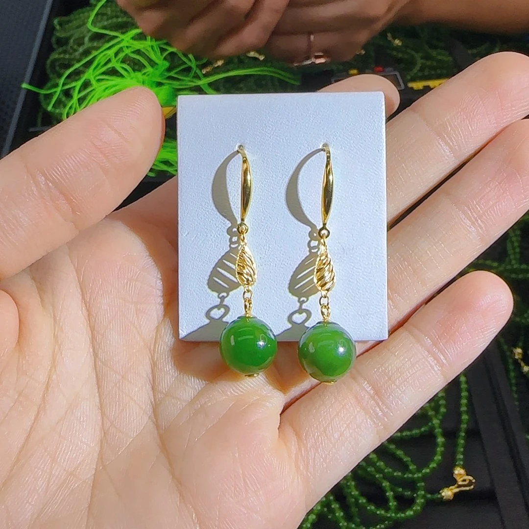 银S925镶嵌和田玉耳饰碧玉单珠耳饰新