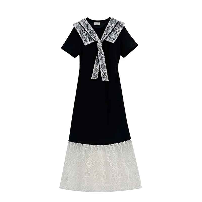 短袖连衣裙女2025夏季新款韩版宽松独特蕾丝拼接别致减龄黑色裙子