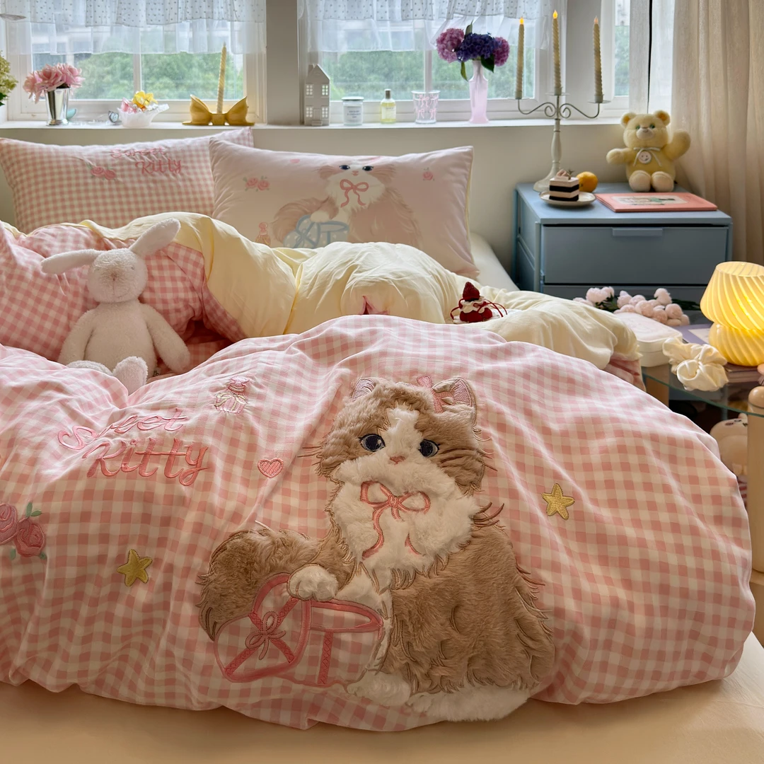 优雅奶猫可爱水洗棉四件套学生宿舍床单人被套被罩床上用品三件套