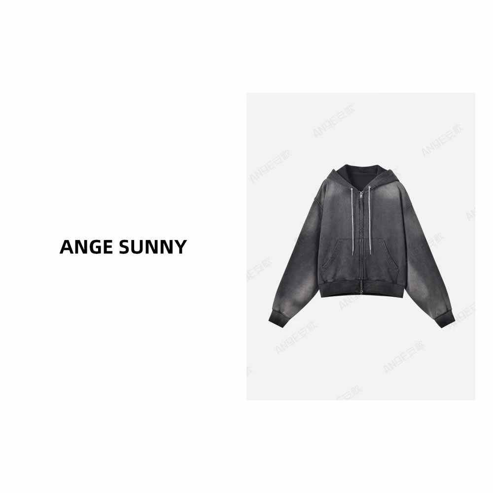 ANGE SUNNY【水钻抽绳套装 外套】美式运动风洗水做旧 连帽拉链卫衣