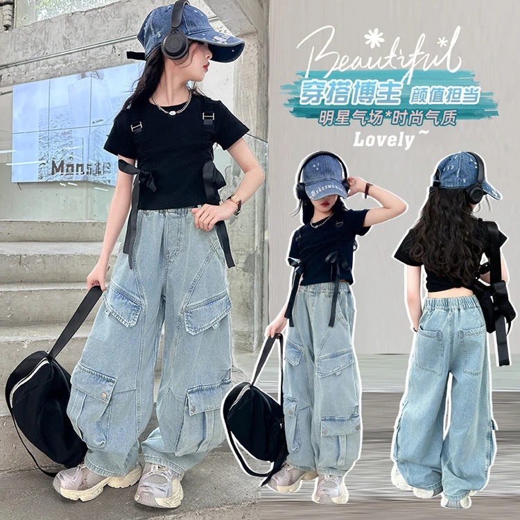 女童短款t恤套装辣妹风夏季2025新款大童潮酷穿搭短袖牛仔工装裤