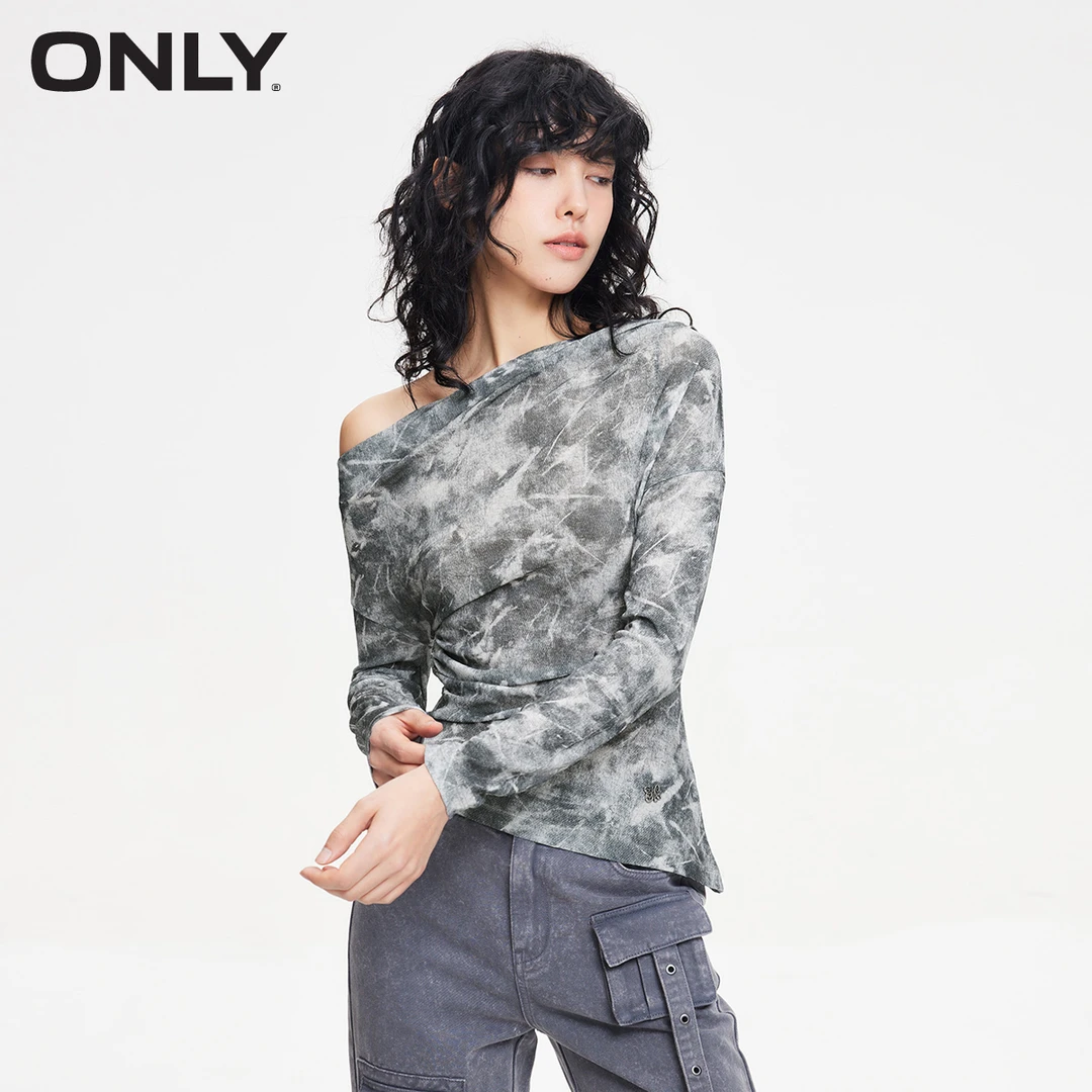 ONLY2025春游出行时尚小众设计感露肩抽褶长袖修身T恤女124402004