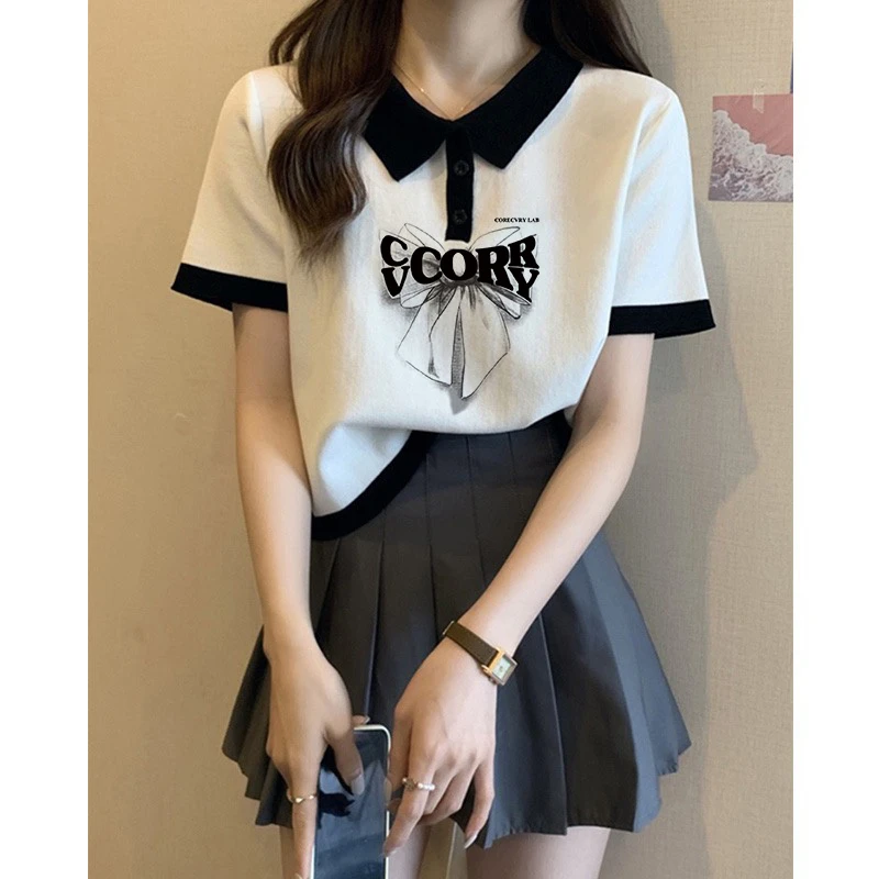 插色翻领POLO衫T恤女夏季百搭宽松显瘦短款打底衫白色短袖上衣