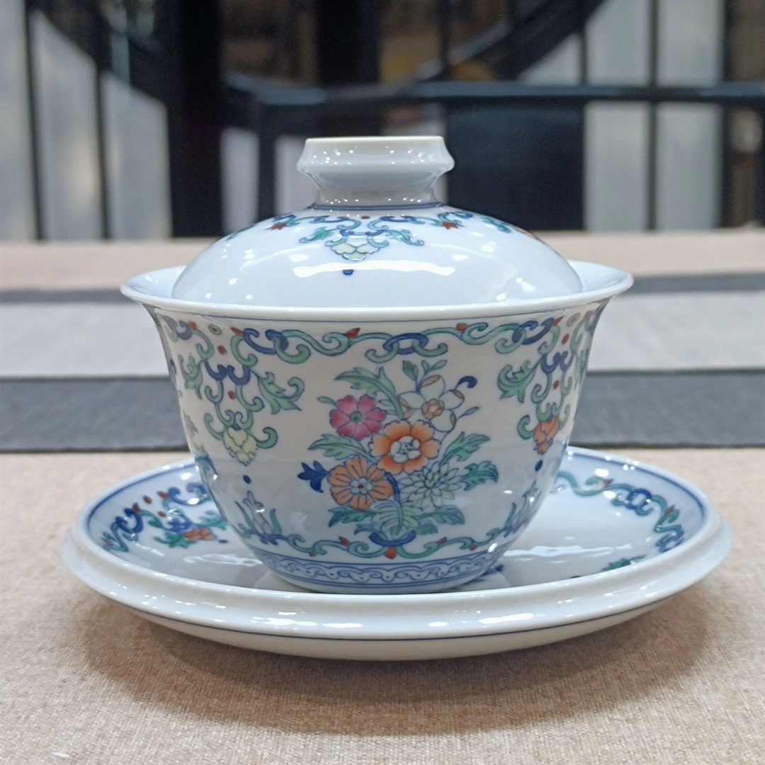 珽珽茶器【涂杏花】斗彩四季花卉盖碗 150cc 瓷器茶周边