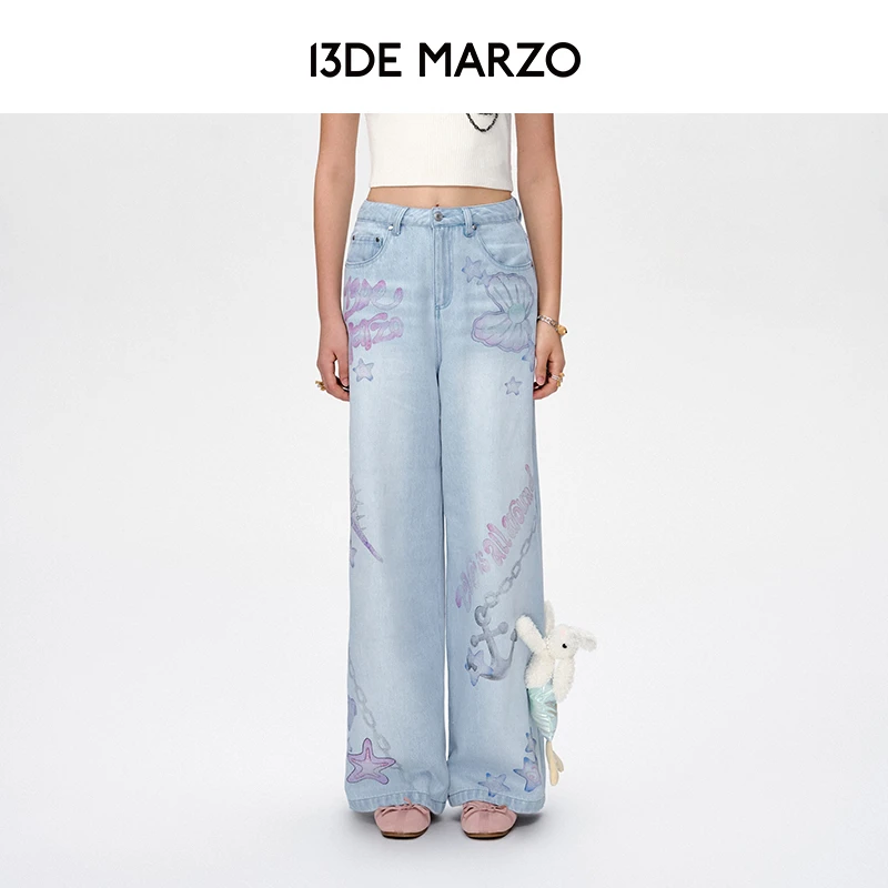 13DE MARZO女士 25早春新款海洋风涂鸦牛仔裤时尚蓝色直筒休闲裤