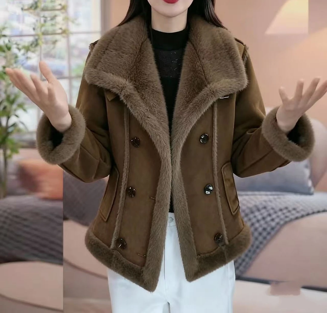 冬季新款皮毛一体外套女翻领百搭气质女短款外套显瘦洋气女休闲