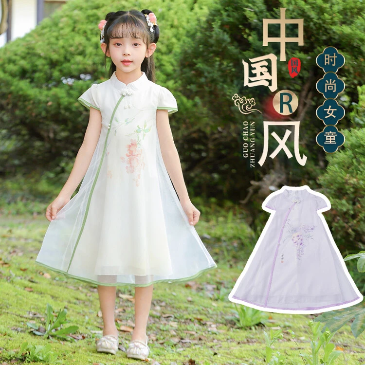 女童夏季连衣裙新中式复古旗袍裙中大童刺绣洋气轻薄汉服公主裙子
