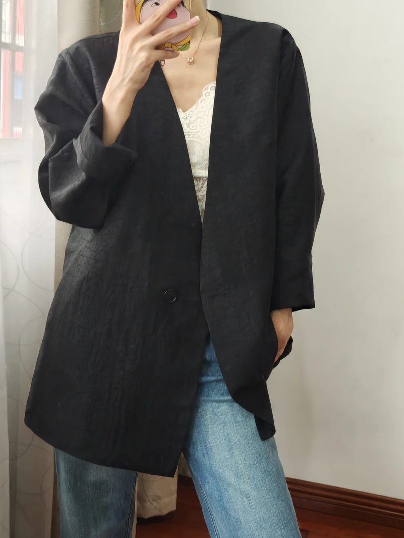 满分桑蚕丝香云纱红云纱长袖无领大V西装