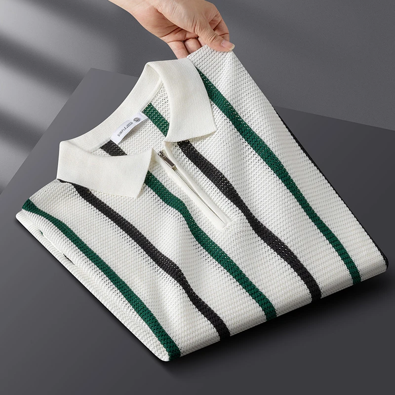 男士夏季薄款透气镂空条纹针织衫短袖男翻领美式风休闲半袖毛衣