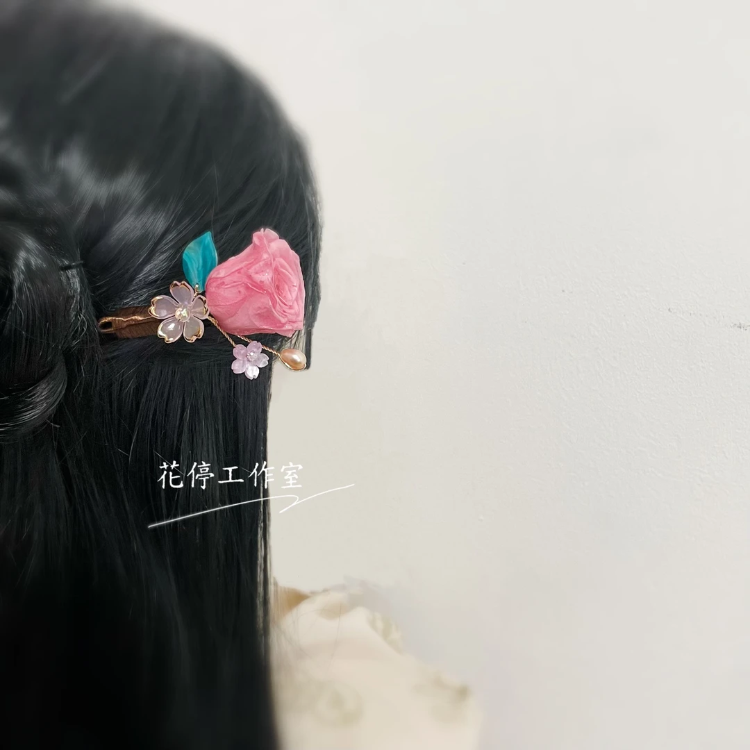 花停原创新中式檀木簪 玫瑰花简约古典可爱发钗汉服旗袍配饰