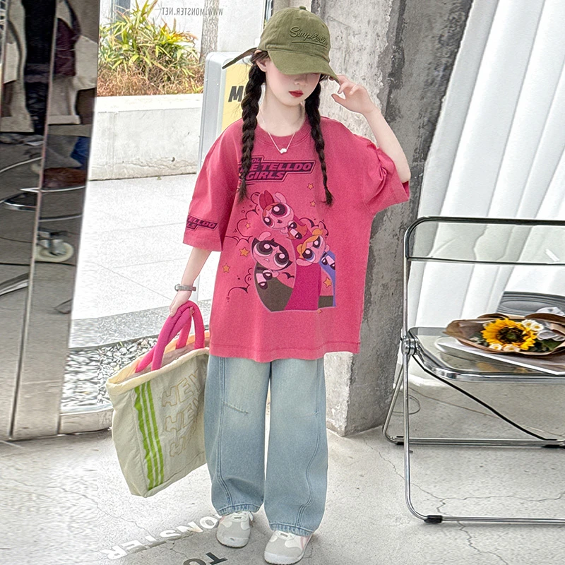 女童夏季套装时髦短袖弯刀牛仔裤2025新款中大童6-15岁洋气两件套