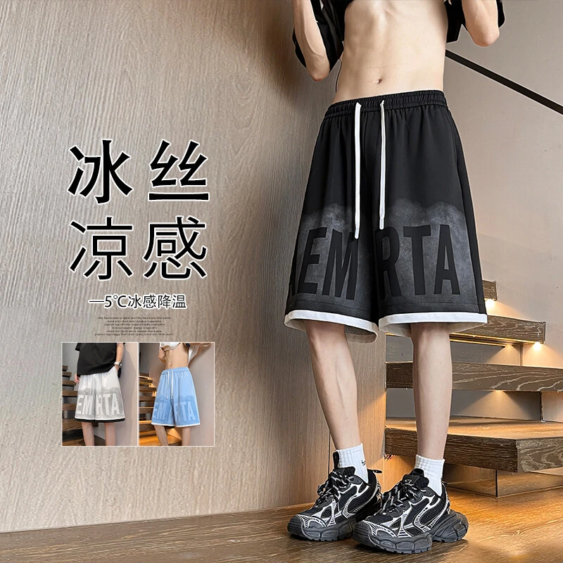 美式篮球短裤男夏季薄款潮牌宽松大码运动中裤高街痞帅休闲五分裤