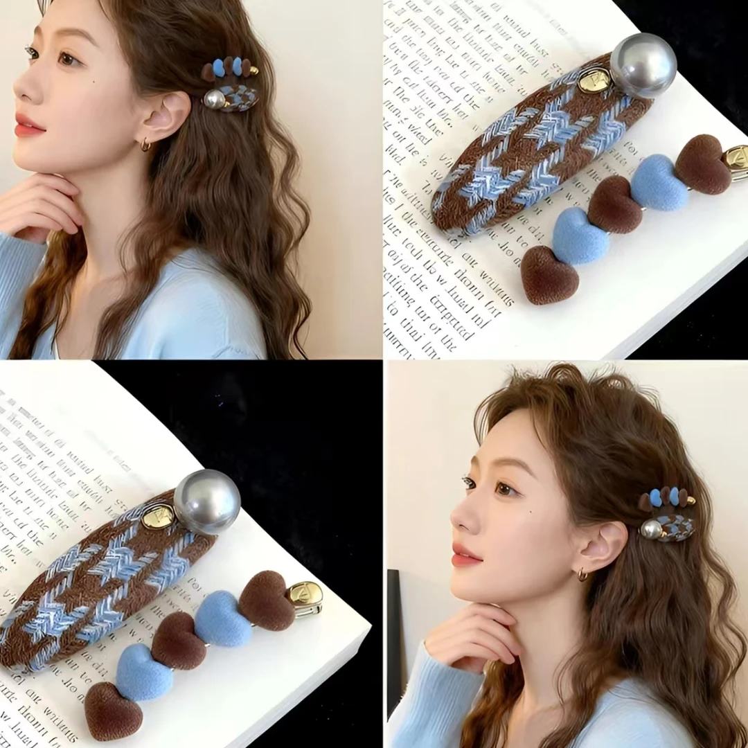 韩国东大门ins风千鸟格鸭嘴夹新款前额刘海夹爱心珠珠碎发夹发饰