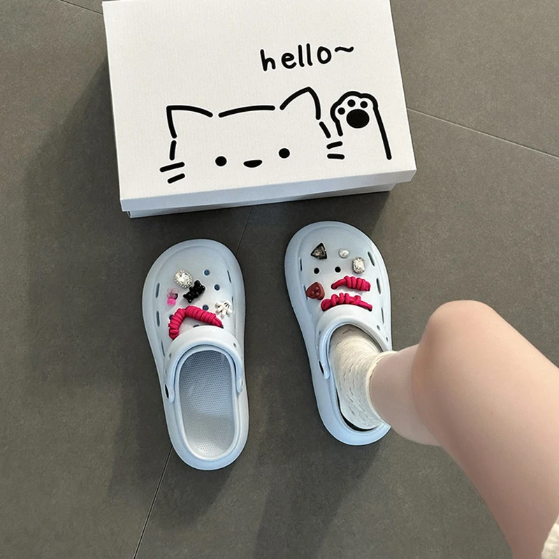 可爱简约卡通两穿洞洞鞋女士外穿2025夏季新款厚底防滑沙滩凉拖鞋