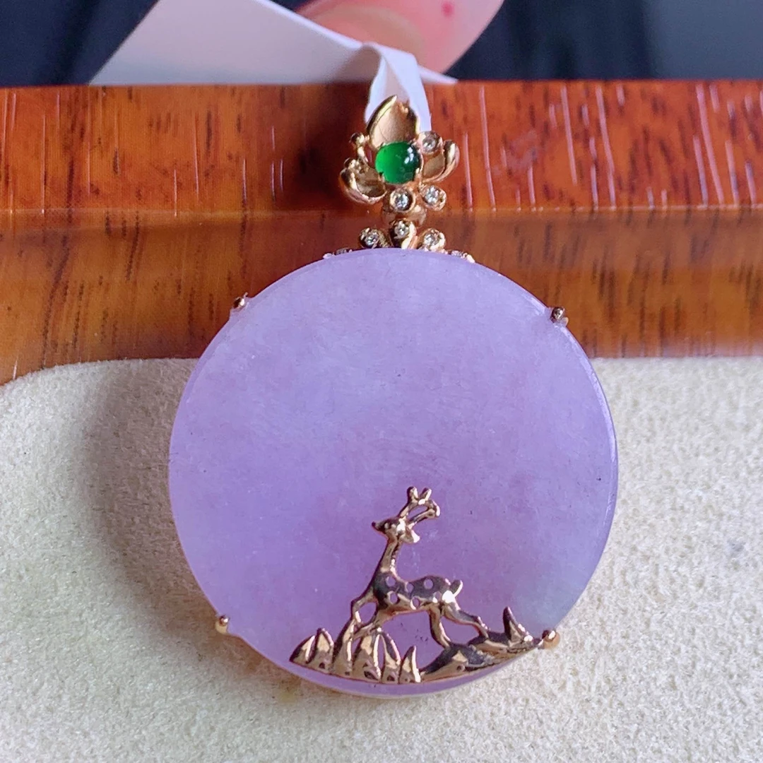 天然缅甸A货翡翠18k金豪镶粉红春紫罗兰无事牌j正卡31.5/22.6/7mm