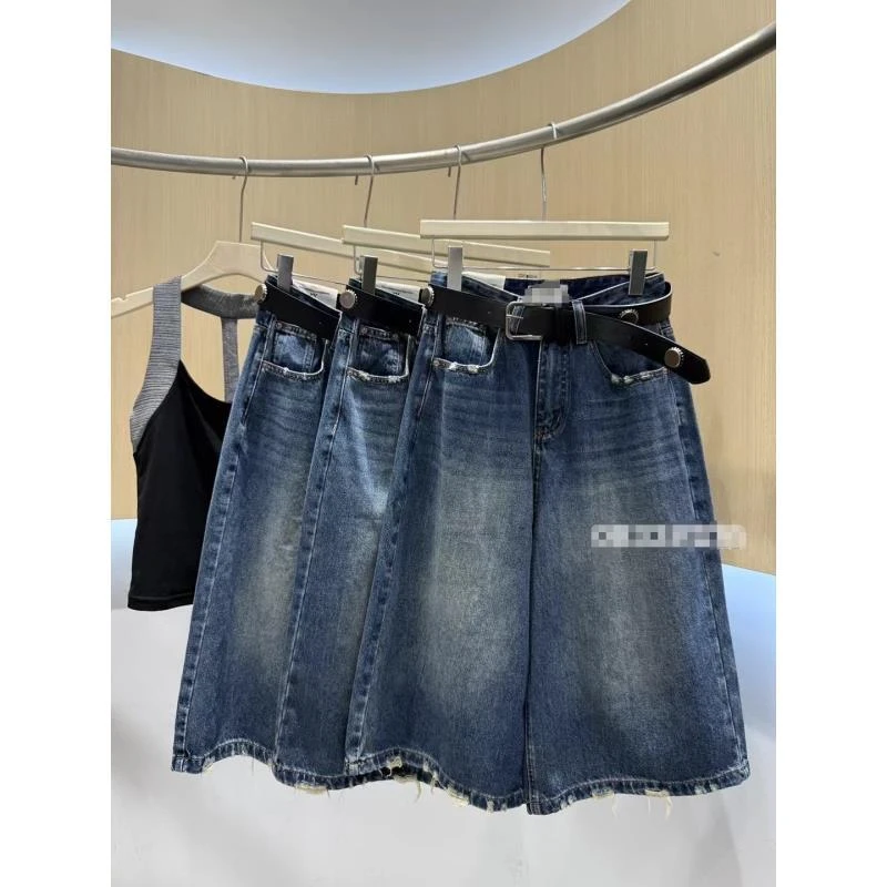 【花花定制】时尚阔腿裤夏季女装高腰牛仔裤磨破中裤韩版宽松女