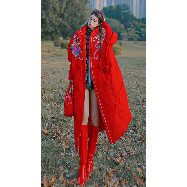 JIE LI/街力高级感外套女冬时尚中长款新年战袍红色羽绒服女A9986