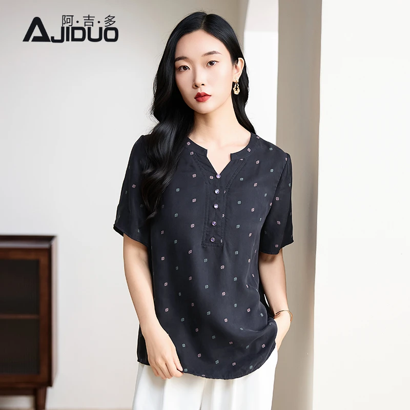 A31730阿吉多铜氨丝短袖上衣女夏季新款黑色小衫宽松遮肚女士T恤