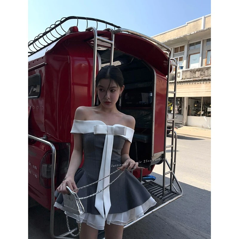 格雷系蝶结撞色拼接一字肩抹胸连衣裙蓬蓬裙网红款