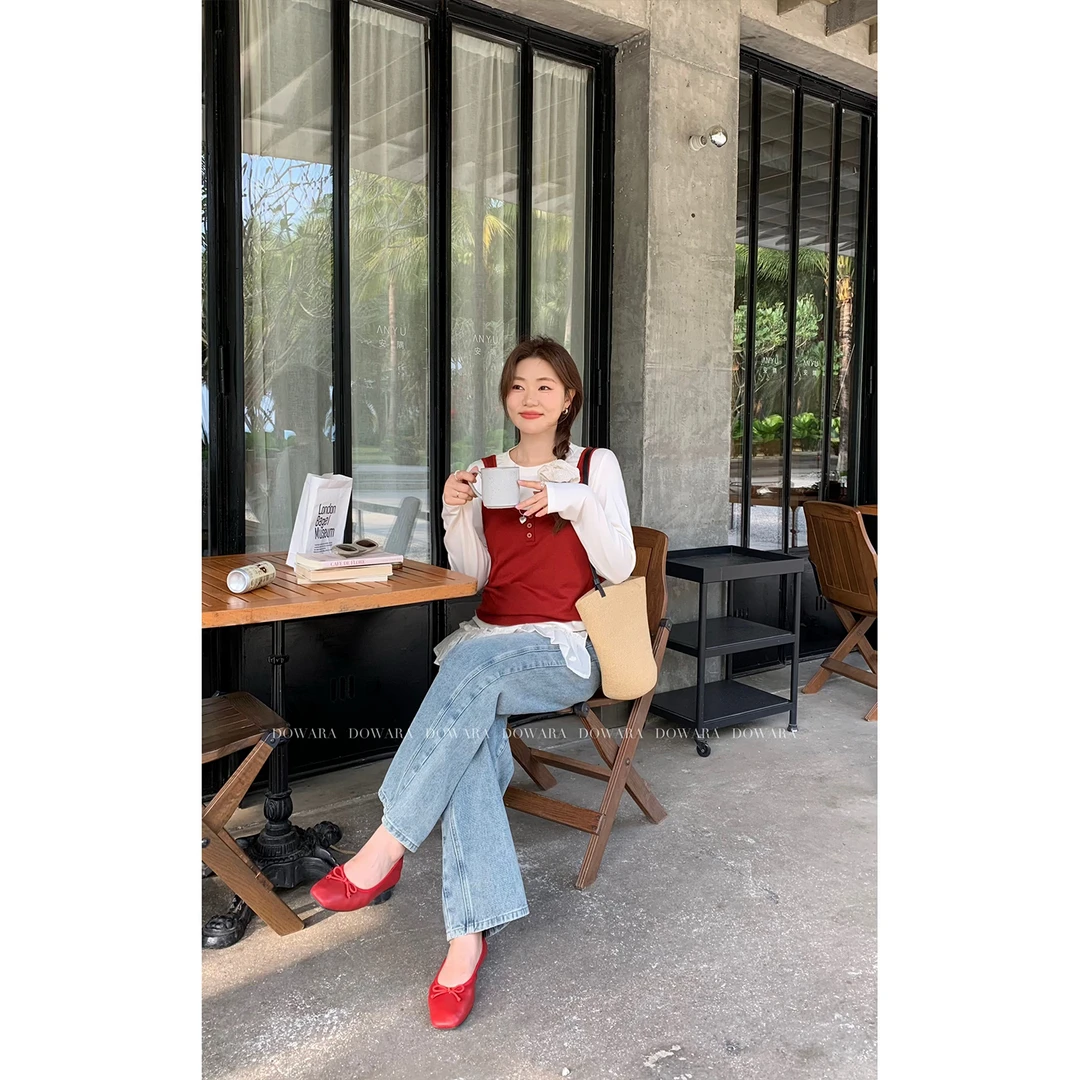 现货大婉酱微胖定制韩版假两件长袖T恤早春新款气质休闲上衣6454D