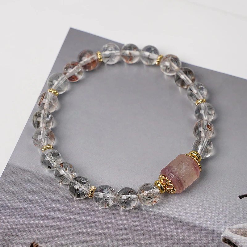 原创小众设计天然黑金超七水晶萤石转珠手串手链女单圈素圈-9188