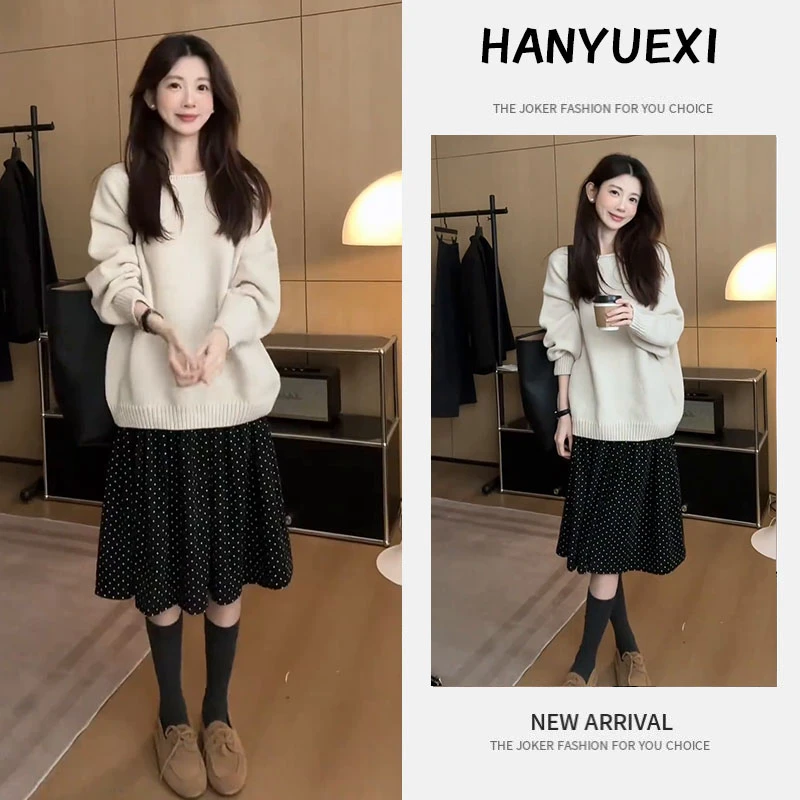 秋冬超火一整套女装2025新款复古圆领针织毛衣波点半身裙两件套潮
