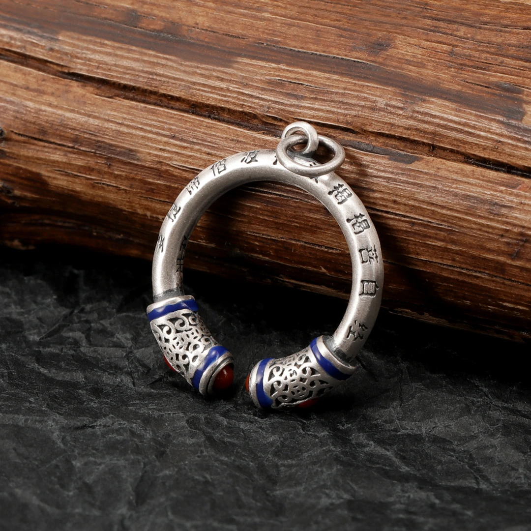 吊坠足银 民族风开口实心跑环吊坠男女雕刻心经藏式银饰项链挂件